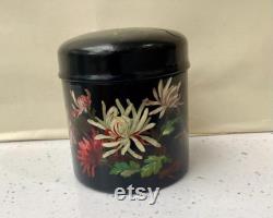 Antique Original Papier-mâché Lidded Powder Pot with original Puff, hand painted, early 20th Century