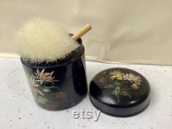 Antique Original Papier-mâché Lidded Powder Pot with original Puff, hand painted, early 20th Century