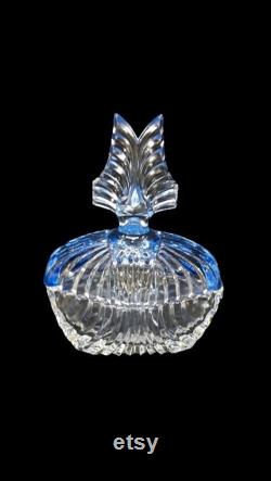Antique Paden City Powder Puff Box Vanity Jar Art Deco 1930s Clear Glass Winged Blue Glass Lid