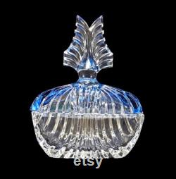 Antique Paden City Powder Puff Box Vanity Jar Art Deco 1930s Clear Glass Winged Blue Glass Lid
