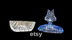 Antique Paden City Powder Puff Box Vanity Jar Art Deco 1930s Clear Glass Winged Blue Glass Lid