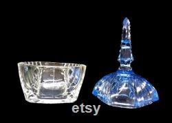 Antique Paden City Powder Puff Box Vanity Jar Art Deco 1930s Clear Glass Winged Blue Glass Lid