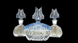 Antique Paden City Powder Puff Box Vanity Jar Art Deco 1930s Clear Glass Winged Blue Glass Lid