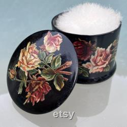 Antique Papier Mache Powder Box and Swan's Down Powder Puff, Ivory Down, Pink Silk Threaded Cushion, Cream Celluloid Handle, 3.25 x 2.5
