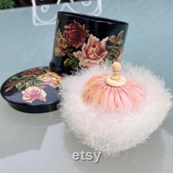 Antique Papier Mache Powder Box and Swan's Down Powder Puff, Ivory Down, Pink Silk Threaded Cushion, Cream Celluloid Handle, 3.25 x 2.5