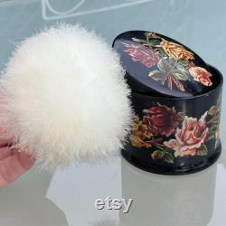 Antique Papier Mache Powder Box and Swan's Down Powder Puff, Ivory Down, Pink Silk Threaded Cushion, Cream Celluloid Handle, 3.25 x 2.5