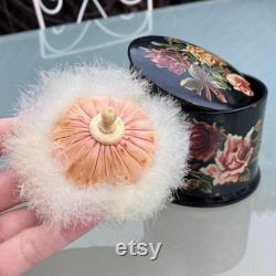 Antique Papier Mache Powder Box and Swan's Down Powder Puff, Ivory Down, Pink Silk Threaded Cushion, Cream Celluloid Handle, 3.25 x 2.5