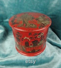 Antique Papier Mache Powder Puff Pot Cinnabar Red Period Design Antique Collectible Boudior Vanity Display