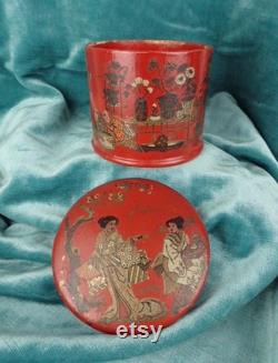 Antique Papier Mache Powder Puff Pot Cinnabar Red Period Design Antique Collectible Boudior Vanity Display