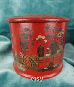 Antique Papier Mache Powder Puff Pot Cinnabar Red Period Design Antique Collectible Boudior Vanity Display