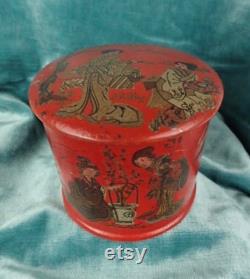 Antique Papier Mache Powder Puff Pot Cinnabar Red Period Design Antique Collectible Boudior Vanity Display