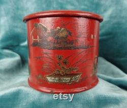 Antique Papier Mache Powder Puff Pot Cinnabar Red Period Design Antique Collectible Boudior Vanity Display