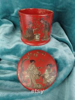 Antique Papier Mache Powder Puff Pot Cinnabar Red Period Design Antique Collectible Boudior Vanity Display