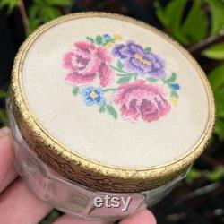 Antique Petit Point Trinket Pot Embroidered Silk Lid, English Vanity Decor