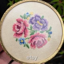 Antique Petit Point Trinket Pot Embroidered Silk Lid, English Vanity Decor
