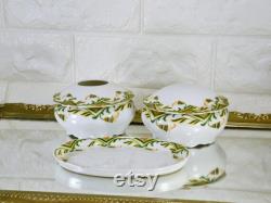 Antique Porcelain Dresser Set Austria MZ Small Tray Powder Dish Hair Receiver 2 Headed Eagle Stamp 1884 to 1909 Stylized Lilly of Valley 22K