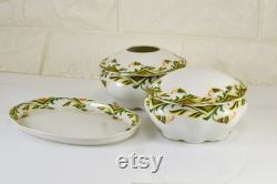 Antique Porcelain Dresser Set Austria MZ Small Tray Powder Dish Hair Receiver 2 Headed Eagle Stamp 1884 to 1909 Stylized Lilly of Valley 22K