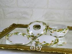 Antique Porcelain Dresser Set Austria MZ Small Tray Powder Dish Hair Receiver 2 Headed Eagle Stamp 1884 to 1909 Stylized Lilly of Valley 22K