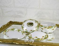 Antique Porcelain Dresser Set Austria MZ Small Tray Powder Dish Hair Receiver 2 Headed Eagle Stamp 1884 to 1909 Stylized Lilly of Valley 22K