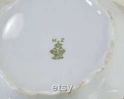 Antique Porcelain Dresser Set Austria MZ Small Tray Powder Dish Hair Receiver 2 Headed Eagle Stamp 1884 to 1909 Stylized Lilly of Valley 22K