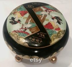 Antique Porcelain Japanese Dresser Jar Marked Waka Mizu Hand Painted Gold Gilded Trim Three Legs