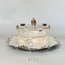 Antique Powder Glass Jar on Tray, Edwardian Silver Plated Vanity Box, Dressing Table Powder Pot, by Hukin, Heath and Sons, HH andS