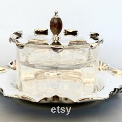 Antique Powder Glass Jar on Tray, Edwardian Silver Plated Vanity Box, Dressing Table Powder Pot, by Hukin, Heath and Sons, HH andS