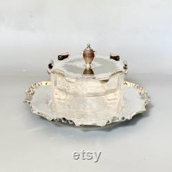Antique Powder Glass Jar on Tray, Edwardian Silver Plated Vanity Box, Dressing Table Powder Pot, by Hukin, Heath and Sons, HH andS