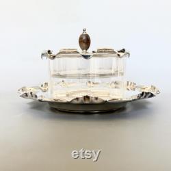 Antique Powder Glass Jar on Tray, Edwardian Silver Plated Vanity Box, Dressing Table Powder Pot, by Hukin, Heath and Sons, HH andS