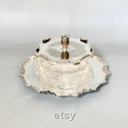 Antique Powder Glass Jar on Tray, Edwardian Silver Plated Vanity Box, Dressing Table Powder Pot, by Hukin, Heath and Sons, HH andS