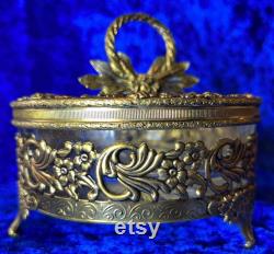 Antique Powder Jar Dresser Trinket Box Victorian Gold Gilt Floral Glass