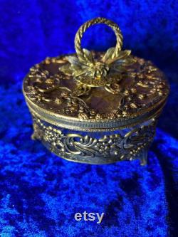 Antique Powder Jar Dresser Trinket Box Victorian Gold Gilt Floral Glass