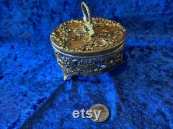 Antique Powder Jar Dresser Trinket Box Victorian Gold Gilt Floral Glass