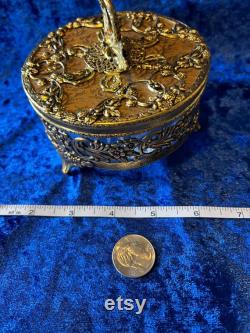 Antique Powder Jar Dresser Trinket Box Victorian Gold Gilt Floral Glass