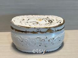 Antique Pozzoni Powder Box 1920s White Embossed Copper Vanity Tin, Victorian Cosmetic Container