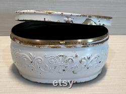 Antique Pozzoni Powder Box 1920s White Embossed Copper Vanity Tin, Victorian Cosmetic Container