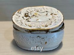 Antique Pozzoni Powder Box 1920s White Embossed Copper Vanity Tin, Victorian Cosmetic Container