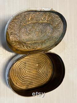 Antique Pozzoni Powder Box 1920s White Embossed Copper Vanity Tin, Victorian Cosmetic Container