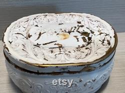 Antique Pozzoni Powder Box 1920s White Embossed Copper Vanity Tin, Victorian Cosmetic Container