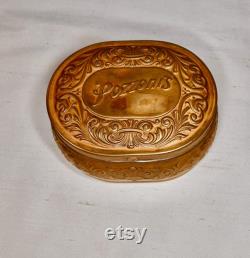 Antique Pozzoni's Complexion Powder Box Solid Brass Ornate Intricate Design Pressed Into Top Sides and Bottom Gift for Her Vanity Collectible