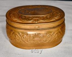 Antique Pozzoni's Complexion Powder Box Solid Brass Ornate Intricate Design Pressed Into Top Sides and Bottom Gift for Her Vanity Collectible