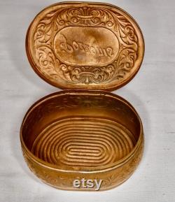 Antique Pozzoni's Complexion Powder Box Solid Brass Ornate Intricate Design Pressed Into Top Sides and Bottom Gift for Her Vanity Collectible