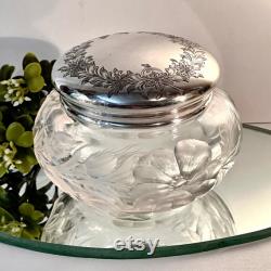 Antique Shreve and Co Dresser Jar, Glass Vanity Jar, Glass Powder Jar with Silver Lid, Dressing Table Jar, Glass Powder Box, Vanity Decor