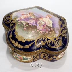 Antique Signed Sevres Type Porcelain Cobalt Ground Hand Painted Dresser Box PC