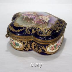 Antique Signed Sevres Type Porcelain Cobalt Ground Hand Painted Dresser Box PC