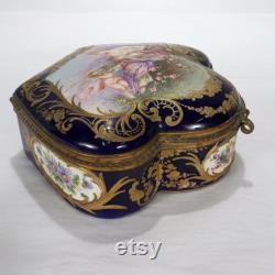 Antique Signed Sevres Type Porcelain Cobalt Ground Hand Painted Dresser Box PC