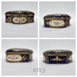 Antique Signed Sevres Type Porcelain Cobalt Ground Hand Painted Dresser Box PC