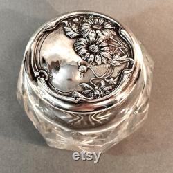 Antique Silver Lid Glass Dresser Jar, Art Nouveau Vanity Powder Jar with Daisies, Sterling Repousse Floral Dressing Table Jar, Vanity Decor