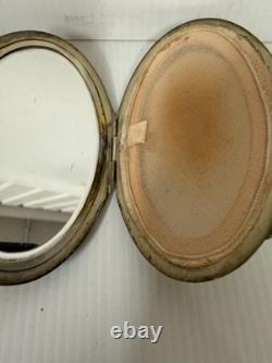 Antique Silver Plated Powder Compact Case Vintage Art Deco Makeup Mirror Box