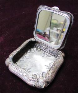 Antique Silver Powder Mini Box, European Embossed Box With Mirror, French Made Box Home Office Decor